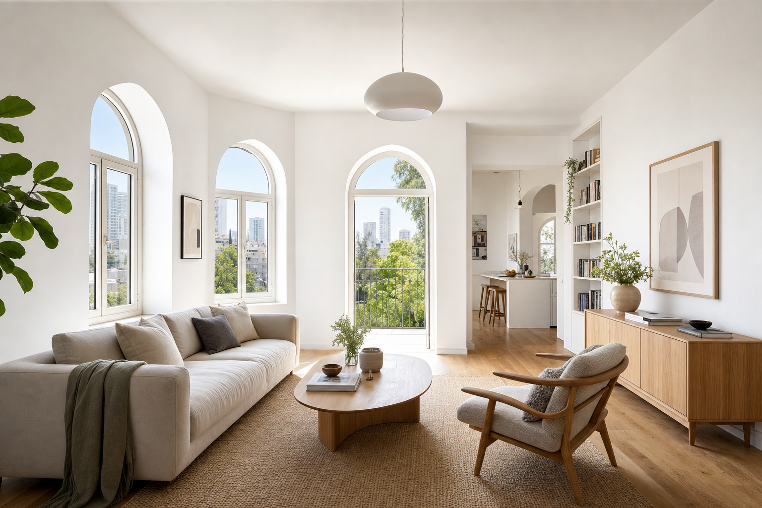 Bright modern living room freshly painted in white, Tel Aviv apartment