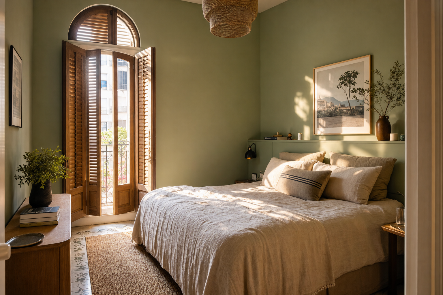 Bedroom painted in warm sage green