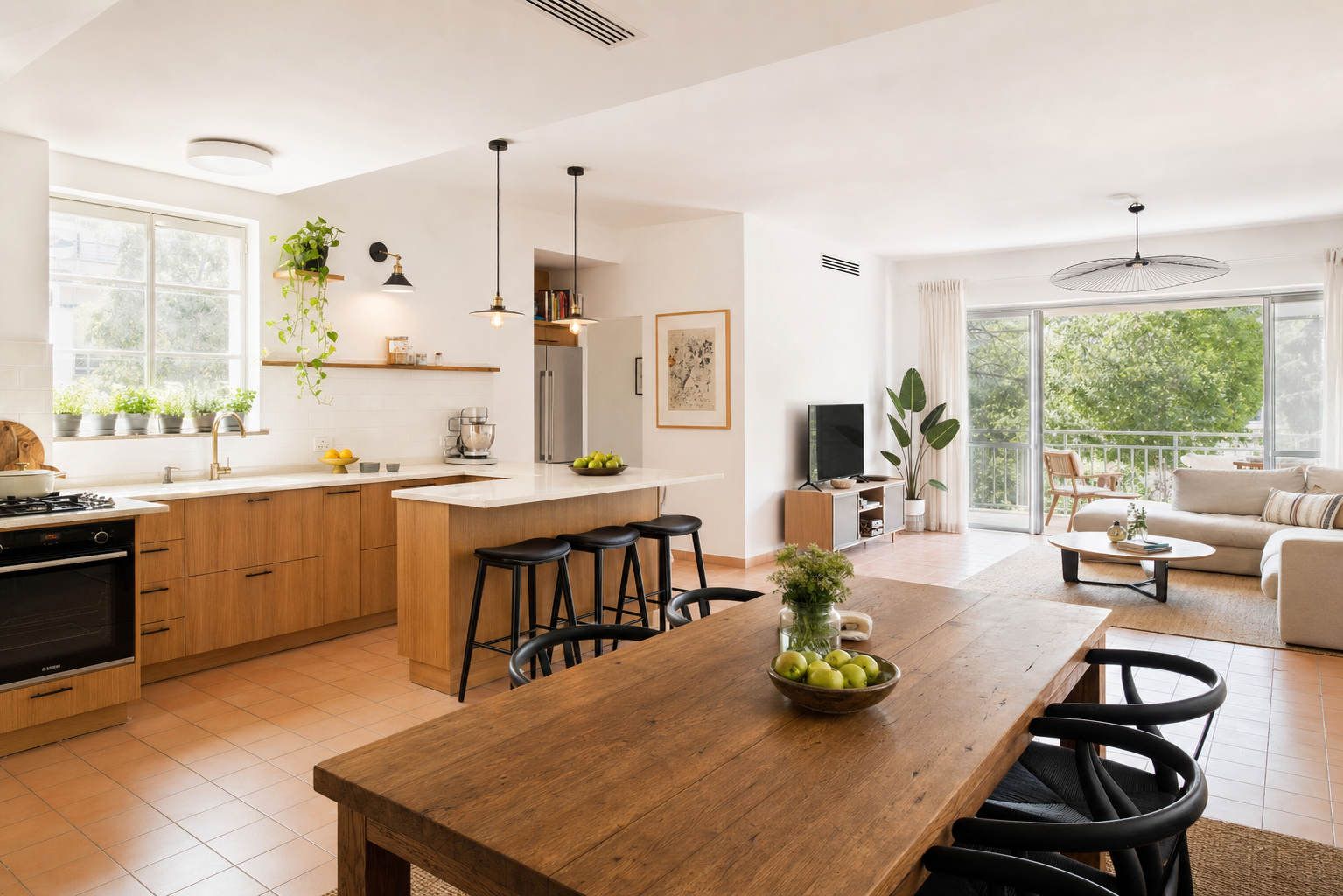 Open-plan kitchen and living area with fresh white walls