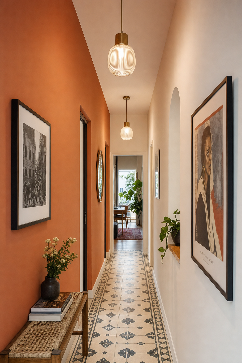 Hallway with warm terracotta accent wall